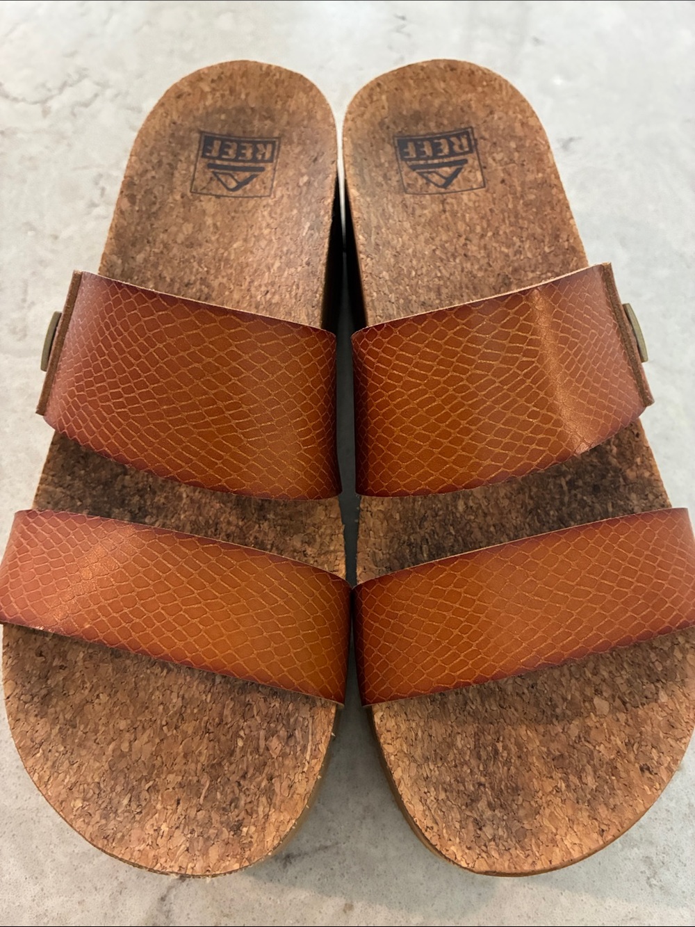 Reef Brown Leather Double-Strap Cork Slide Sandals - Picture 6 of 8